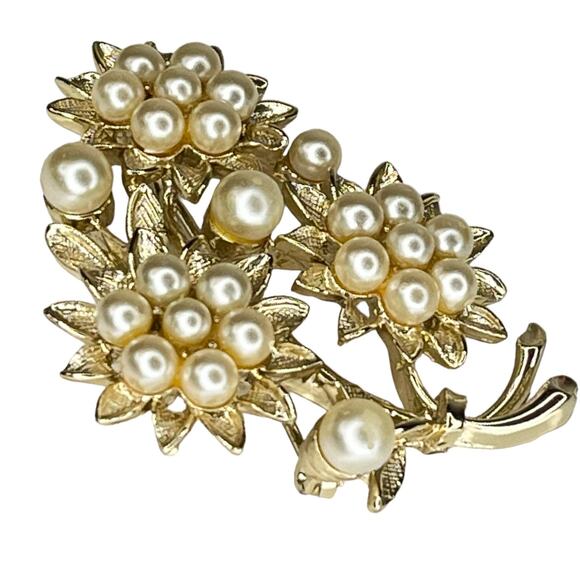 VTG Lisner Gold Flower Faux Pearl BROOCH 2.5" Pin Pendant Sunflowers Cluster - Picture 5 of 7